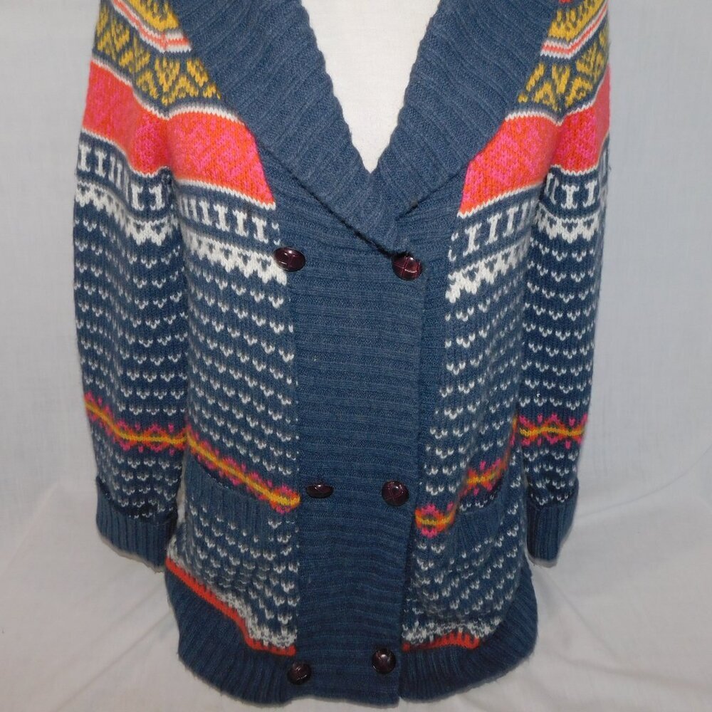 Bluenotes Shawl Collar Gray orange Yellow White Double Button Cardigan Sweater L - Picture 3 of 11